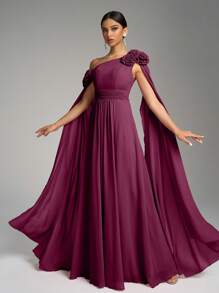 SUPGIR Asymmetrical Shoulder Floral Decor Extra Long Ruffle Waist Ruched Chiffon Dress, Bridesmaid Dress - Red Violet - View 5