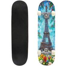 Paris Watercolor Hand Painted Eiffel Tower Flowers Outdoor Skateboard Longboards 31"X8" Pro Complete Skate Board Cruiser