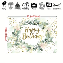 1 pieza Pancarta de fondo de cumpleaños con planta de eucalipto verde - Material de poliéster de varios tamaños, apto para fiestas de cumpleaños y celebraciones, decoración de fiesta de cumpleaños, sin electricidad