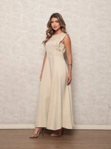 Long Plain Dress For Social Wedding In Tailored Fabric, Sleeveless Elegant - 米色 - 查看 4
