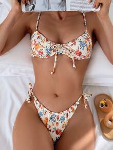 1 套女士条纹和花卉印花两件套比基尼泳装带钢圈，时尚性感 - 白色 - 查看 3