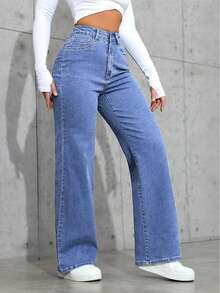 Pantalones de mujer estilo preppy de cintura media y pierna ancha, 70% 27.6% Poliéster 2.4% Spandex Mezcla, Color sólido, Cierre de botón, Pantalones de corte de bota para todas las estaciones con estiramiento alto - Azul lavado medio - Ver 5