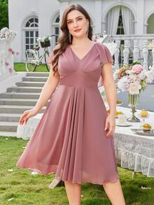 Plus Size Chiffon Minimalist Sexy Shawl Collar Ruched Deep V Bodycon Party Dress, Suitable For Wedding,Bridesmaid Dress - Coral Pink - View 5