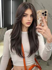 Peluca sintética resistente al calor con onda natural larga, división central, raya media, negro marrón de 26 pulgadas, natural diaria, suave y realista (sin accesorios)