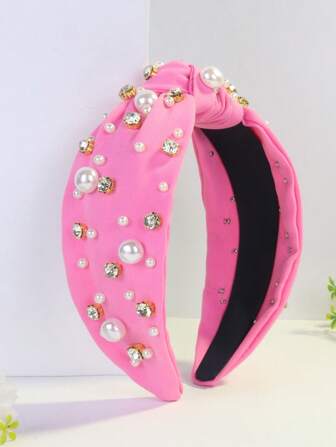 1 件女式面料宽边仿珍珠水钻时尚发箍，简约纯色复古发饰、发带、发箍头带