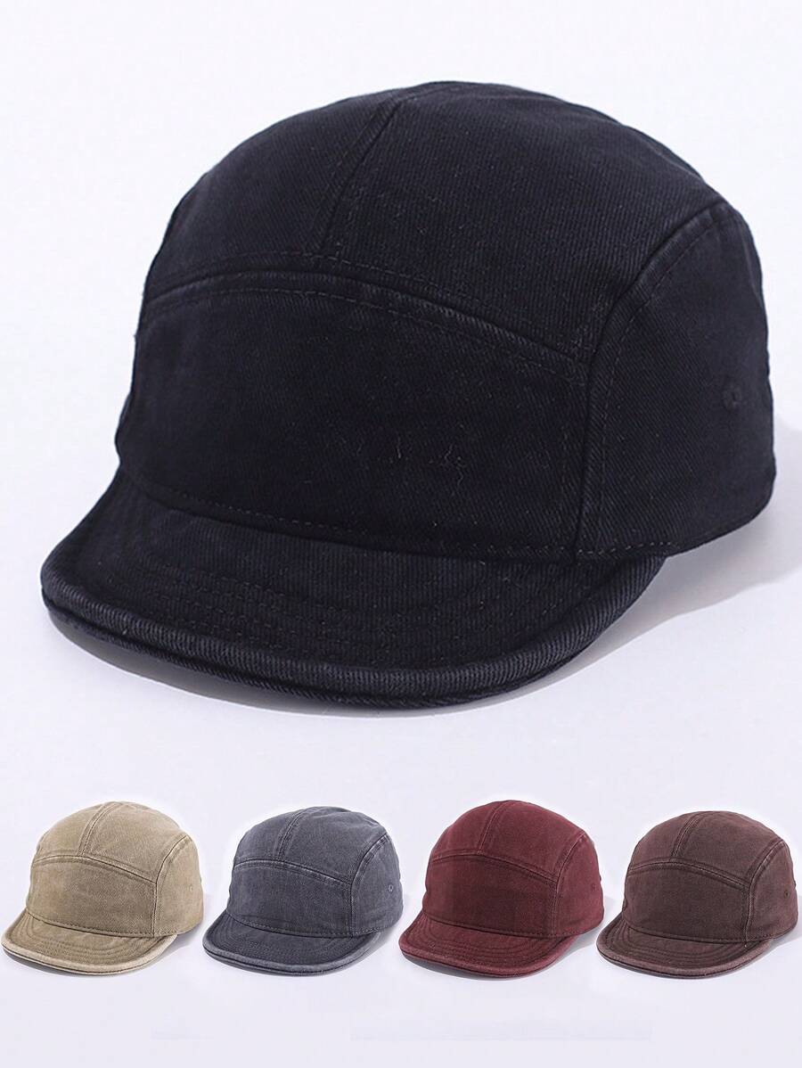 1pc Retro Short Brim Washed Color Block 5-Panel Baseball Cap, Casual Unisex