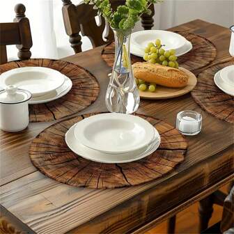 This 38 Centimeter Linen Circular Placemat Is Designed With A Wooden Cross-Section As Its Core, Delicately Restoring The Layered Texture Of Tree Rings And Natural Wood Grain. The Light Brown Color Tone Combined With The Rustic Touch Of Linen Creates A Warm
