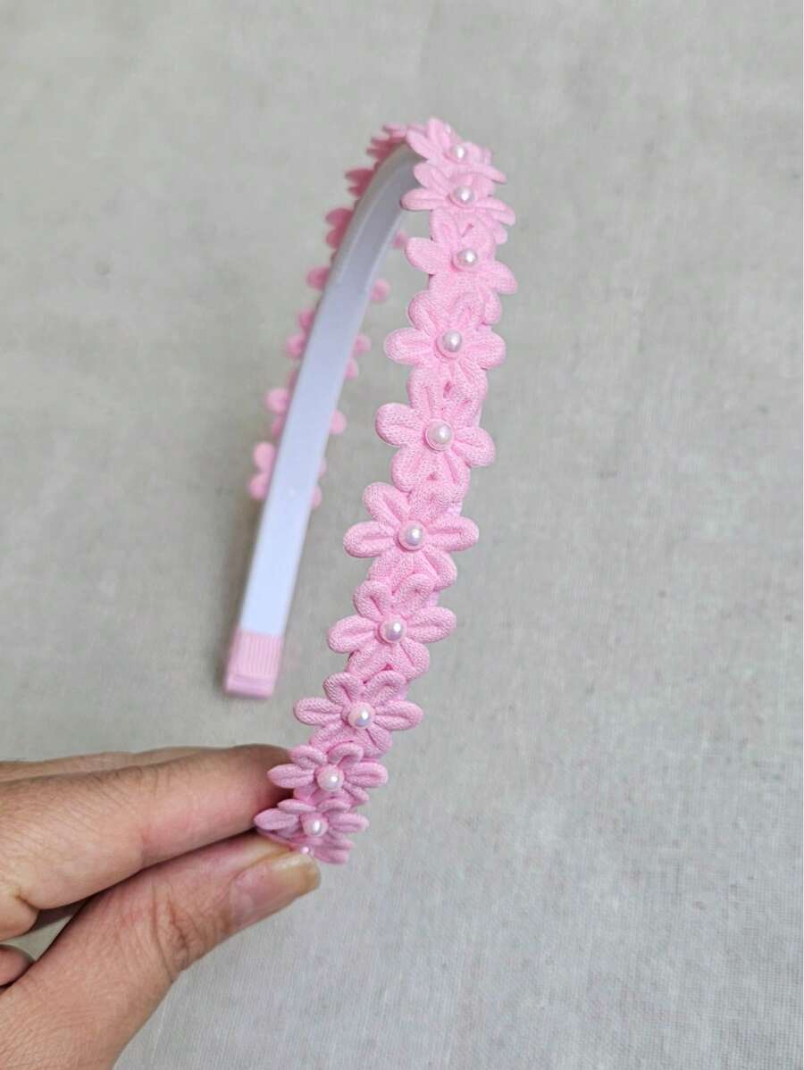 Little Headband/Tiara With Teeth Lined And Decorated With Flowers And Half Pearl, Flower Headband - 淺粉色 - 查看 1