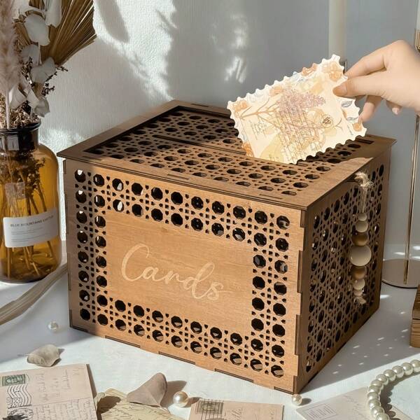 Wooden Wedding Card Box With Slot, Vintage Gift Card Box For Party Reception, Hollow Rattan Pattern Rustic Envelope Money Card Box For Wedding Graduation Party Birthday Baby Shower Decor