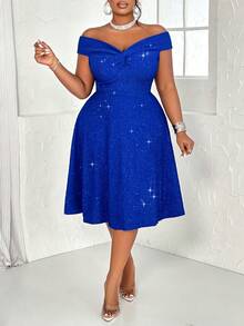 大码女士性感纯色扭结露肩露背亮片A字连衣裙，适合派对、鸡尾酒会、圣诞节、情人节等场合。 - 寶藍色 - 查看 6