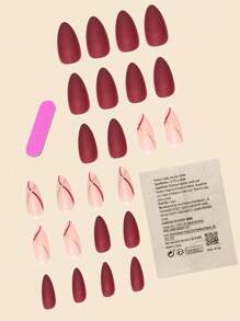 24pcs Medium Length Teardrop Shaped Red & Gold Striped Splice Design Nail Art Stickers With Matte Finish, Full Coverage Wearable Press-On Nails With Gel Polish & Nail File Set, Suitable For Women/Girls, Party, Wedding, Daily Wear