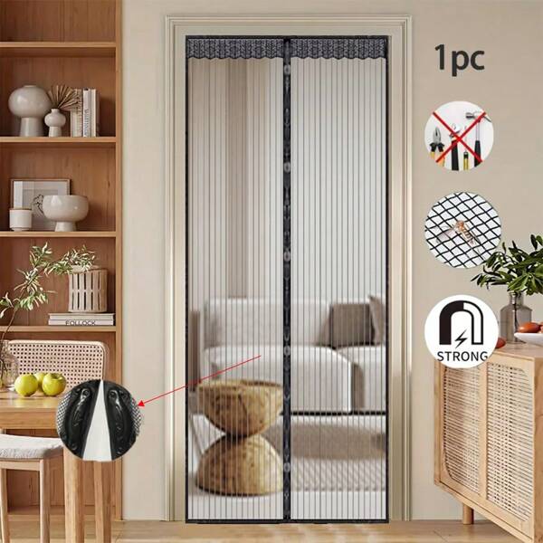 1 Stück handgemachter schwarzer Moskitonetz Vorhang, moderne gestreifte Fiberglas Magnetische Schiebetür, Anti-Moskito & belüftend, kratzsicher für Haustiere, ohne Bohren zu installieren, geeignet für Wohnzimmer, Küche, Balkon, Privatsphärenschutz, Heimdekoration