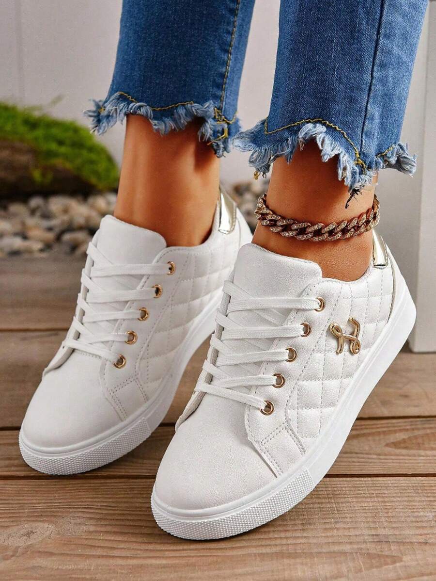 Spring/Summer/Autumn White Lace-Up Versatile Lightweight Shoes - Soft Bottom Sports Shoes - All-Match Casual Shoes - Student Shoes - Uncommon Personalized - Women's Flat Shoes, Shoes For Women - White - View 1