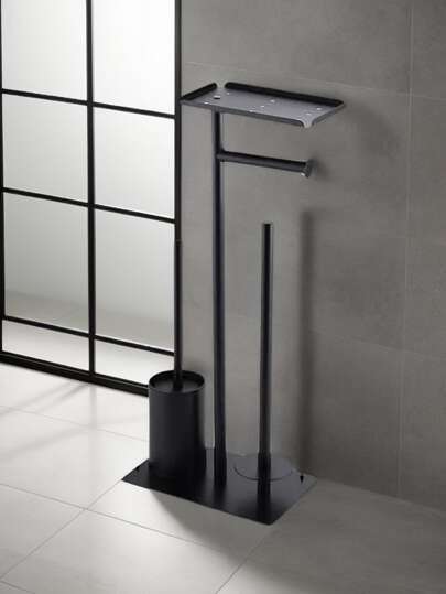 1pc Bathroom Storage Rack, Stainless Steel Toilet Paper Roll Holder & Brush Stand Organizer