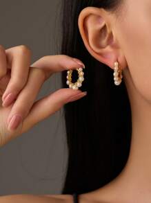 1 Pair Of High-End Wedding Party Earrings Featuring Cultivated Pearls, Crafted With 18K Gold Plating To Showcase Elegance And Luxury, Artistic Accessory For Graceful Moments, Packaged In Velvet Bag - Beige - View 8