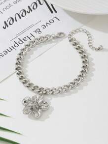 1 件女式银色粗链五叶花吊坠脚链首饰