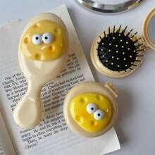 1pc Cartoon Cheeses Inflatable Folding 2-In-1 Mirror Comb, Portable Air Cushion Volumizing Hair Brush For Women