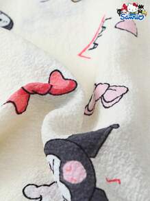 Set de 2 piezas de pijama de mujer con estampa autorizada de Kuromi de Sanrio que incluye camisa de manga corta con botones y bolsillo en la solapa, y shorts con lazo, adecuado para uso doméstico en primavera/verano