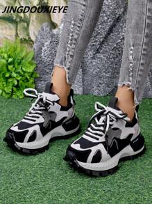 Zapatillas deportivas de suela gruesa y bloque de color para mujer, nuevos lanzamientos de 2025 para todas las estaciones, con cordones de dos colores, que estilizan la cintura, con suela blanda y versátil, cómodas y de moda para uso casual, adecuadas para Año Nuevo, Navidad y Halloween - Negro - Ver 3