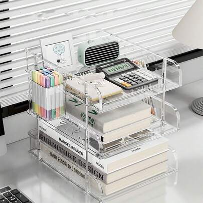 1pc Desktop File Holder Rack, A4 Paper Document Organizer, Multi-Layer Office Workstation File Storage Box