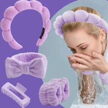 5pcs/Set SPA Headband Hair Hoop Claw Clip Velvet Hair Hoop Wrisband For Washing Face Skincare Makeup Wear, Flower Hair Clip - Multicolor - View 1