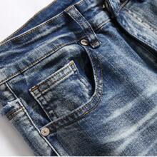 Men's Light Blue Slim Stretch Jeans, Pocket Trim, Motorcycle Design Fashion Street Jeans - 淺藍色 - 查看 7
