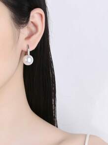1 Pair Faux Pearl Copper Plated Silver Earrings, Classic & Versatile Jewelry, Gift
