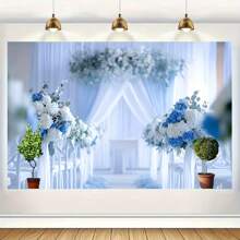 1 Piece Elegant Polyester Wedding Scene Background, Blue And White Floral Walkway Decoration, Multifunctional Wall Hanging, For Living Room, Bedroom, Office - Interior Photography Background Without Power Supply
