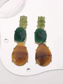 1 Pair Retro Geometric Multilayer Resin Drop Earrings, Vintage Chic Oversized Earrings, Fashionable & Versatile