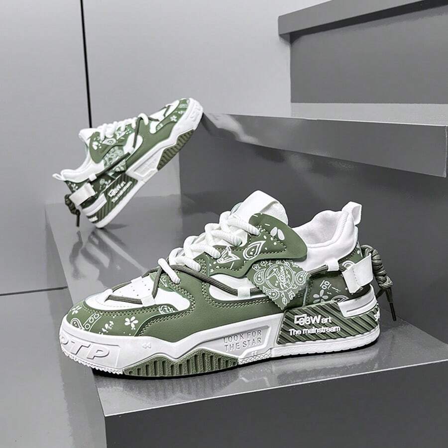 Street Skateboarding Shoes Suitable For Outdoor Activities, Non-Slip And Durable Casual Lace-Up Sneakers, Versatile And Fashionable Thick-Soled Breathable Running Shoes. - 綠色 - 查看 1