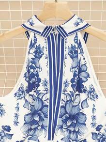 2025 New Blue And White Pattern Women's Dress, With A Tight A-Line Waist, Open Chest Collar, Elegant French Style In Spring And Summer - 藍色 - 查看 4