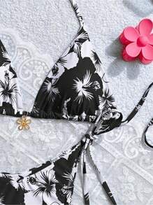 Swim Mod Floral Print Halter Neck Crop Tank Top And Side Tie Bikini Set, Summer Beach Vacation - màu đen - Xem 4