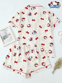 Set de 2 piezas de pijama con parte superior de manga corta con botones y bolsillo estampada con Hello Kitty de Sanrio, y shorts con lazo, adecuado para uso casual en casa, primavera/verano