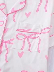 Marira 2pcs/Set Bow Print Casual Wear Pajama Set For Women, Includes Comfortable Short Sleeve Button Collar Shirt And Loose Elastic Shorts, Suitable For Outdoor & Home, All Seasons - White - View 5