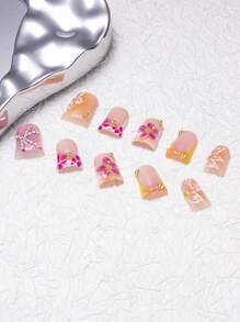 10pcs/Set Handmade Y2K Duck Mouth Nail With French Tip, AB Rhinestone, Flower & Bow Decor, Nude, Pink And White Color Options, Suitable For Party, Wedding, Daily Wear, Comes With Tool Kit, Great Gift For Women And Girls Nails