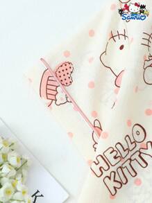 2 件/套授权 Sanrio Hello Kitty 印花翻领短袖纽扣口袋上衣和蝴蝶结短裤睡衣家居服套装，适合家居使用，春夏