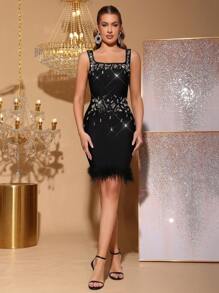 New Women Black Faux Feather Glass Sequin Spaghetti Strap Bandage Mini Dress Sleeveless Party Club Dress, Wedding Guest Dress, Prom Dress