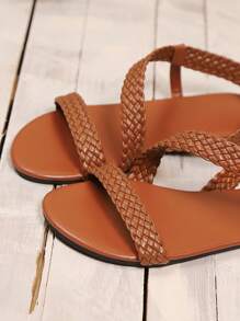 全新 女式平底凉鞋 纯色 优雅编织带 一脚蹬 时尚 耐用 沙滩凉鞋