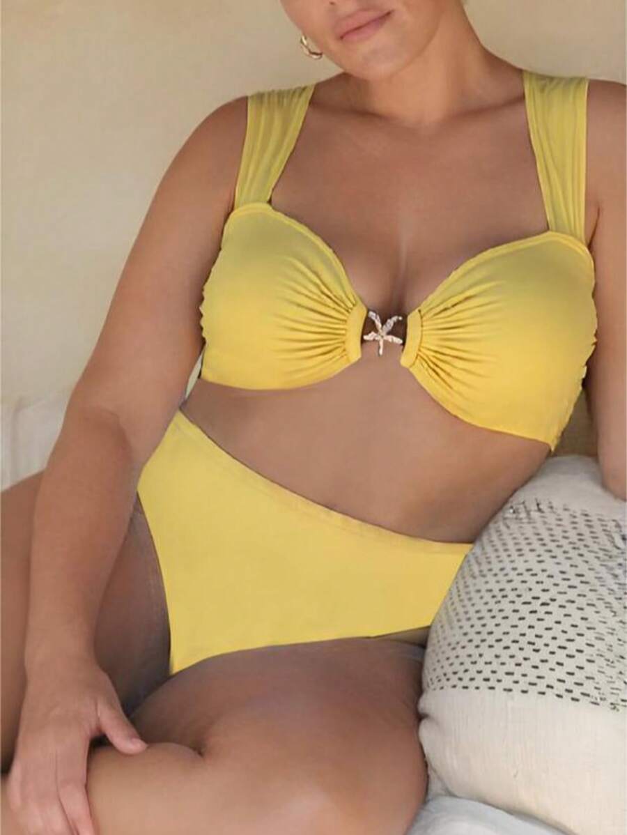 Bộ 2 chiếc/Bộ Bikini Halter Gợi Cảm Màu Trơn Cỡ Lớn, Đồ Bơi Đi Biển & Hồ Bơi, Trang Trí Kim Loại, Vàng Bơ, Miếng Đệm Đồ Bơi Có Thể Tháo Rời, Mùa Hè - Màu vàng - Xem 1
