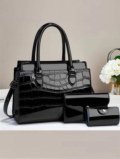 3pcs Set Elegant Crocodile Pattern Fashion Handbag, Multifunctional Large Capacity Shoulder Bag, Fashionable Design, New Stylish Ladies Small Square Bag Handbag Messenger Bag Versatile Casual Multilayer Large Capacity Shoulder Crossbody Bag, Suitable For Valentine's Day Gift Travel Shopping Mall, New Stylish Ladies Tote Shoulder Messenger Colorblock Bag Casual Luxury Large Capacity Shoulder Crossbody Bag