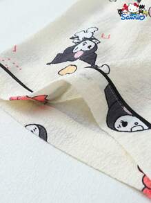 Set de 2 piezas de pijama de mujer con estampa autorizada de Kuromi de Sanrio que incluye camisa de manga corta con botones y bolsillo en la solapa, y shorts con lazo, adecuado para uso doméstico en primavera/verano