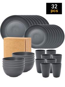 4 件/16 件/32 件 不易破碎 PP 可重复使用塑料餐具套装，包括盘子、碗和杯子。适用于家庭和户外野餐学校用品、圣诞礼物 - 彩色 - 查看 27