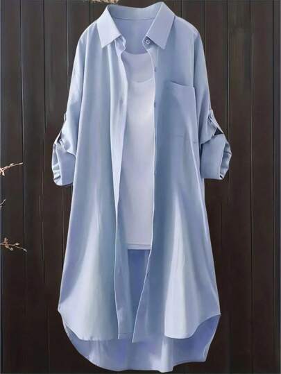 大码简约休闲纯色纽扣前口袋长袖衬衫