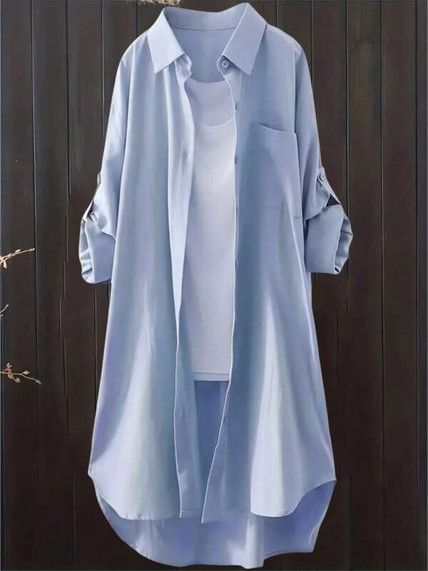 Plus Size Simple Casual Solid Color Button Front Pocket Long Sleeve Shirt