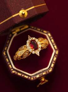 1 pieza Anillo de plata de ley S925 con granate rojo micro-incrustado, elegante, regalo de lujo para mujeres en bodas