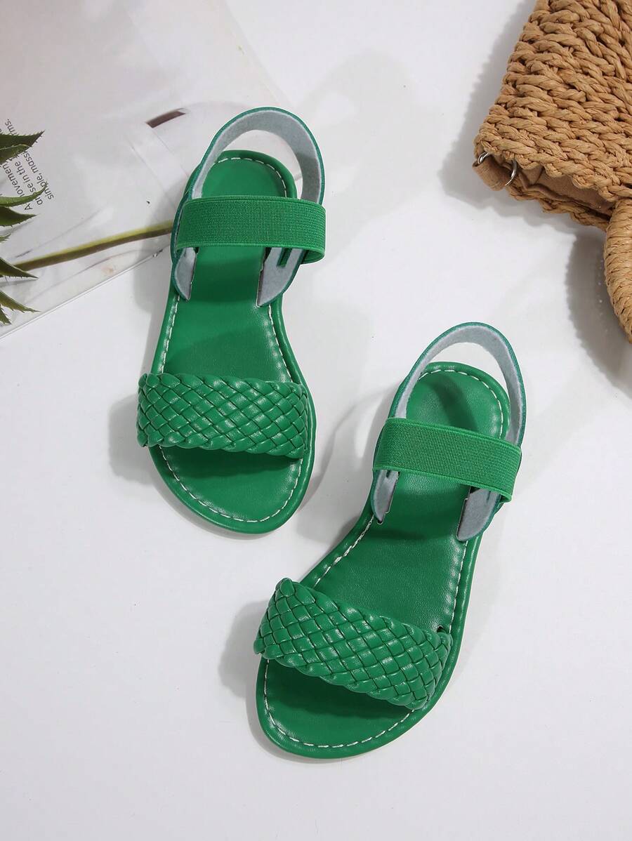 1 Pair Infant/Toddler Girls' Woven Roman Sandals, Round Toe, Thick Elastic Strap Design, Flat & Comfy, Suitable For 3-12 Yrs Old, Casual Beach/Holiday/Outdoor Wear In Summer - Green - View 1