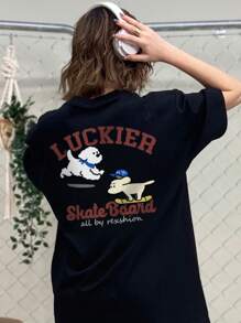 Women's Summer New Letter Print Short Sleeve T-Shirt, Casual Loose Fit Round Neck Minimalist Design Top