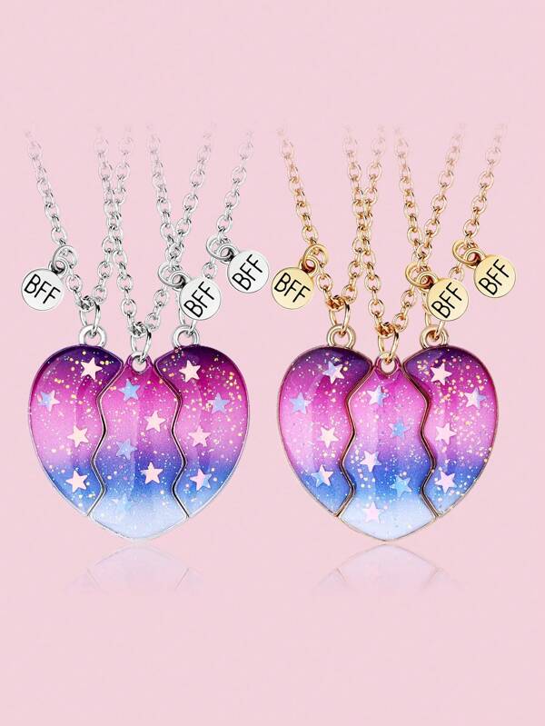 3pcs/Set Girls Zinc Alloy Heart-Shaped, Colorful UV Base, Pentagram, PVC Glitter Oil Drop Magnetic Necklace Set, Cute Jewelry For Casual Daily Wear