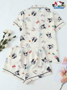 Set de 2 piezas de pijama de mujer con estampa autorizada de Kuromi de Sanrio que incluye camisa de manga corta con botones y bolsillo en la solapa, y shorts con lazo, adecuado para uso doméstico en primavera/verano