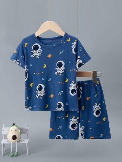 Set de 2 piezas con pijama de astronauta de manga corta y pantalón corto para niños, conjunto de ropa de verano 100% algodón con estampado de astronauta de dibujos animados para niños